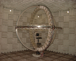 図1　頭部伝達関数の測定に使用する音響無響室と球状スピーカアレイ